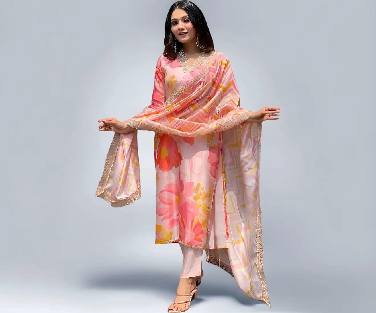 Women’s Kurta Set with Dupatta| Cotton Blend Printed Embroidered V Neck Kurta Set for Women| Floral Ethnic Wear Kurta Set